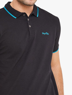 Talibu Cotton Pique Polo Shirt with Neon Tipping In Jet Black - Tokyo Laundry