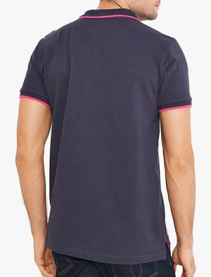 Talibu Cotton Pique Polo Shirt with Neon Tipping In Navy - Tokyo Laundry