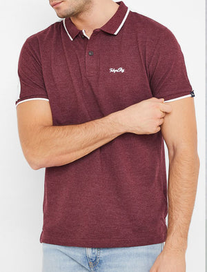 Café Racer Cotton Polo Shirt with Racer Stripes In Bordeaux Marl - Tokyo Laundry