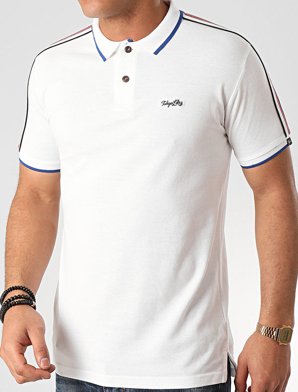 Hitch Cotton Pique Polo Shirt with Stripe Tape Detail In Bright White - Tokyo Laundry