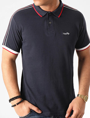 Hitch Cotton Pique Polo Shirt with Stripe Tape Detail In Navy Blazer - Tokyo Laundry