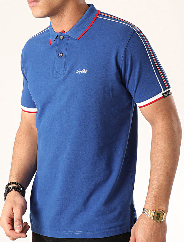 Hitch Cotton Pique Polo Shirt with Stripe Tape Detail In Sea Surf Blue - Tokyo Laundry