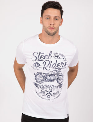 Steel Riders Motif Cotton Crew Neck T-Shirt In Optic White - Tokyo Laundry