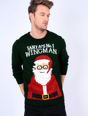 Santa's Wingman Novelty Christmas Jumper in Holly Green / Black Pre Twist - Season’s Greetings