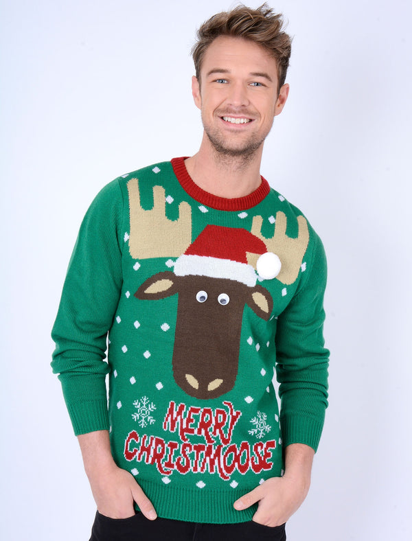 Merry Xmoose Novelty Christmas Jumper in Christmas Green - Season’s Greetings