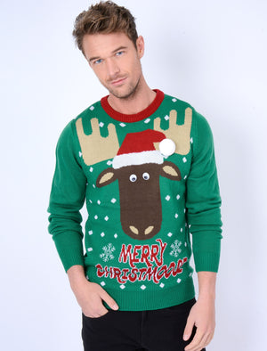Merry Xmoose Novelty Christmas Jumper in Christmas Green - Season’s Greetings