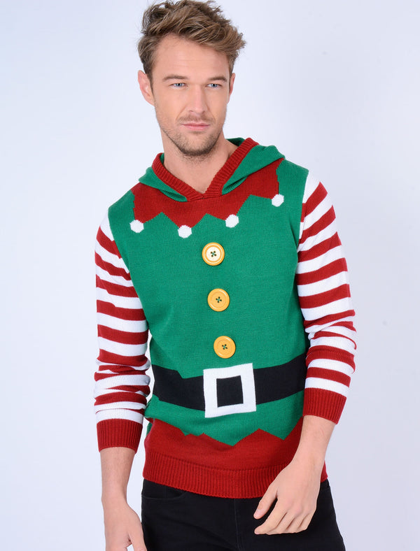 Elf Suit Novelty Christmas Jumper with Hood in Christmas Green - Season’s Greetings