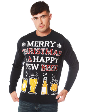 Happy New Beer Novelty Christmas Jumper in Ink - Merry Christmas