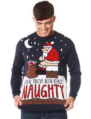 Really Naughty Motif Novelty Christmas Jumper in Eclipse Blue - Merry Christmas