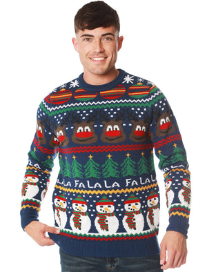 Rudolph Wallpaper Print LED Light Up Novelty Christmas Jumper in Sapphire - Merry Christmas