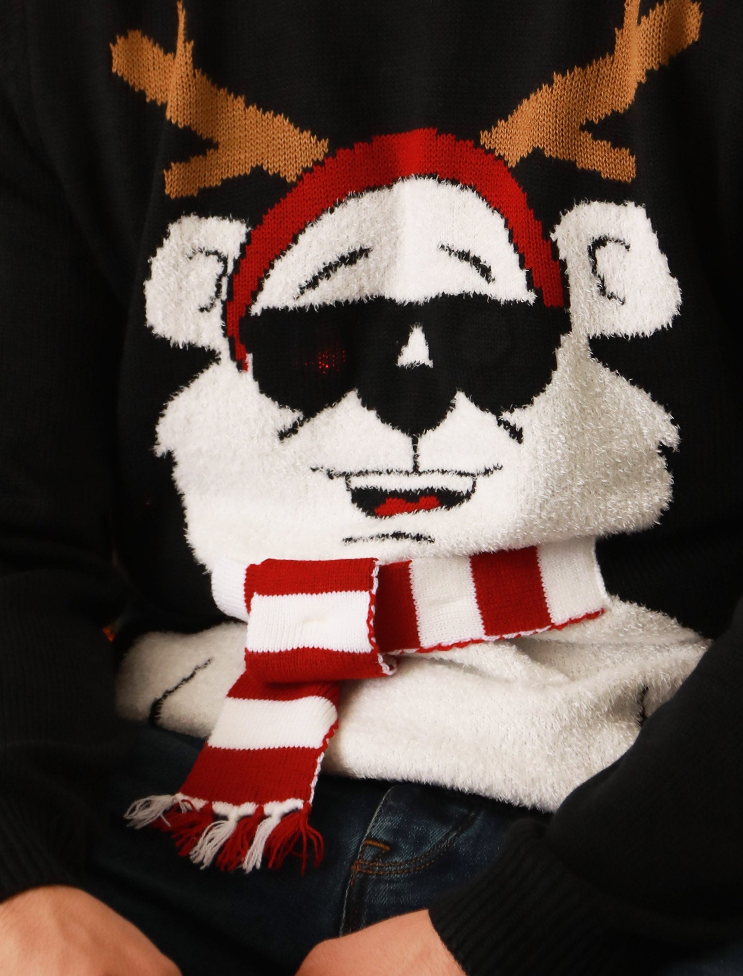 Cool Polar Bear Motif LED Light Up Novelty Christmas Jumper in Jet
