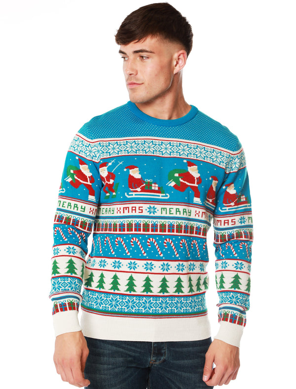 Xmas Active Santa Wallpaper Print Novelty Christmas Jumper in Blue - Merry Christmas