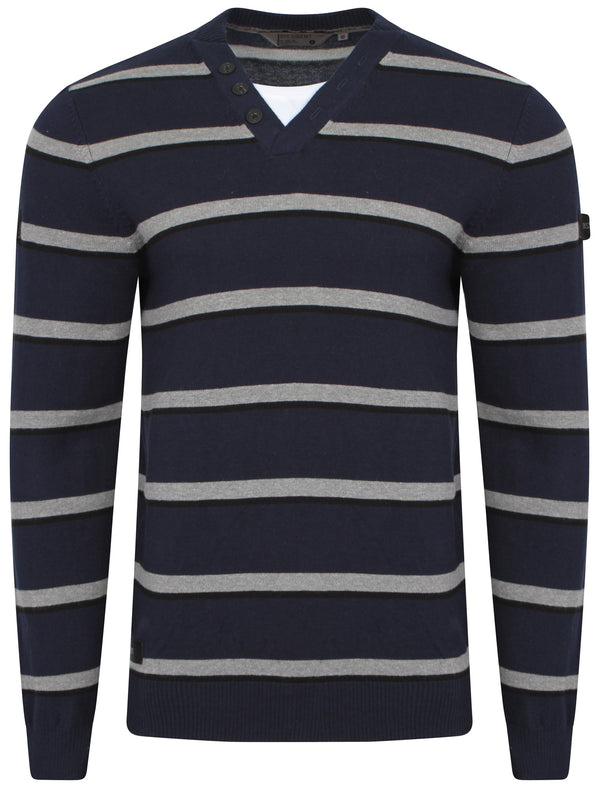Dissident V-neck stripe jumper with t-shirt insert in blue