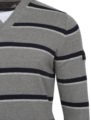 Dissident V-neck stripe jumper with t-shirt insert in grey