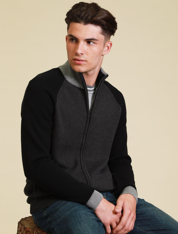 Venables Colour Block Raglan Sleeve Zip Up Cardigan in Charcoal Marl - Tokyo Laundry