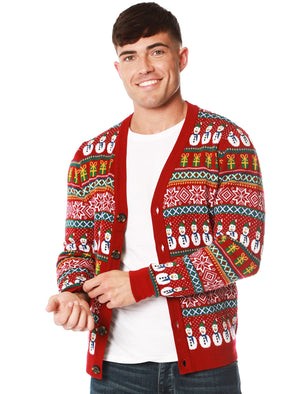 Snowman Cardi Wallpaper Print Novelty Christmas Cardigan in Red - Merry Christmas