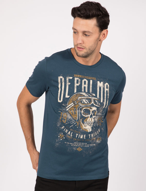 Depalma Motif Cotton Crew Neck T-Shirt In Dark Denim - Tokyo Laundry