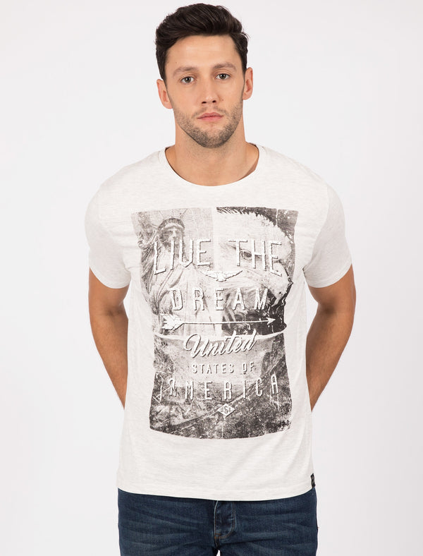 Live The Dream Motif Cotton T-Shirt in Oatgrey Marl - Tokyo Laundry