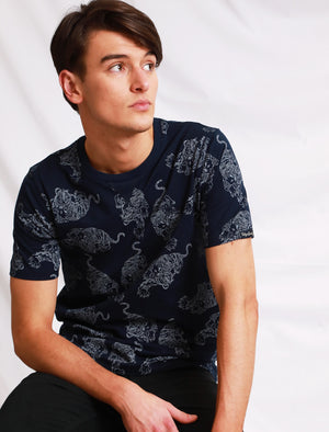 Oamaru Tiger Printed Cotton Slub T-Shirt In Iris Navy - Tokyo Laundry
