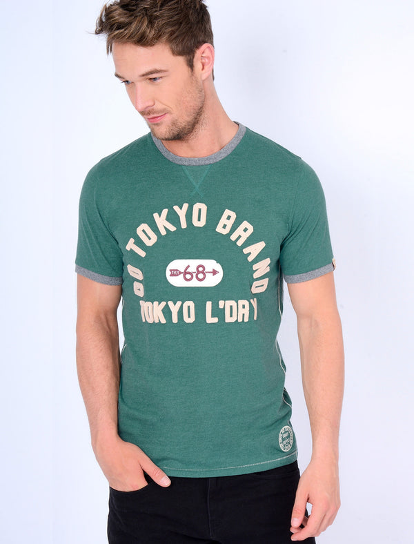 Wivelsfield Motif T-Shirt with Crew Neckline in Mallard Green Marl - Tokyo Laundry