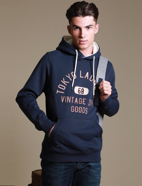 Harrisville Applique Pullover Hoodie with Borg Lined Hood In Mood Indigo - Tokyo Laundry
