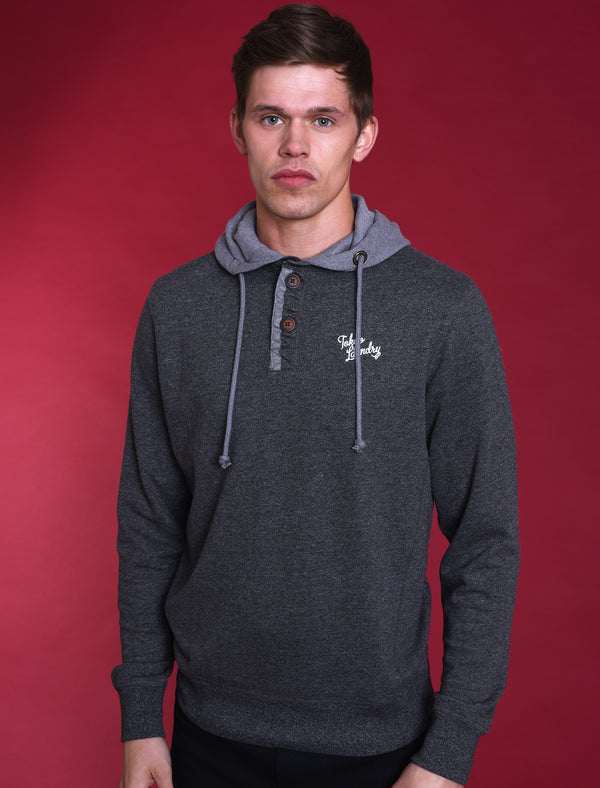 Buffalo Peak Henley Top with Hood Insert in Charcoal Marl - Tokyo Laundry