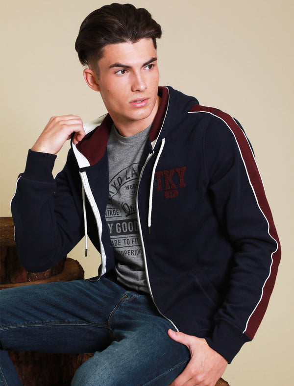 Hennessey Zip Through Hoodie With Tape Sleeve Detail In Navy - Tokyo Laundry