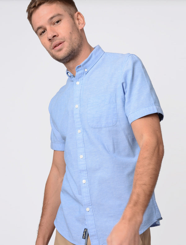 Wells Short Sleeve Cotton Linen Shirt In Pool Blue - Tokyo Laundry