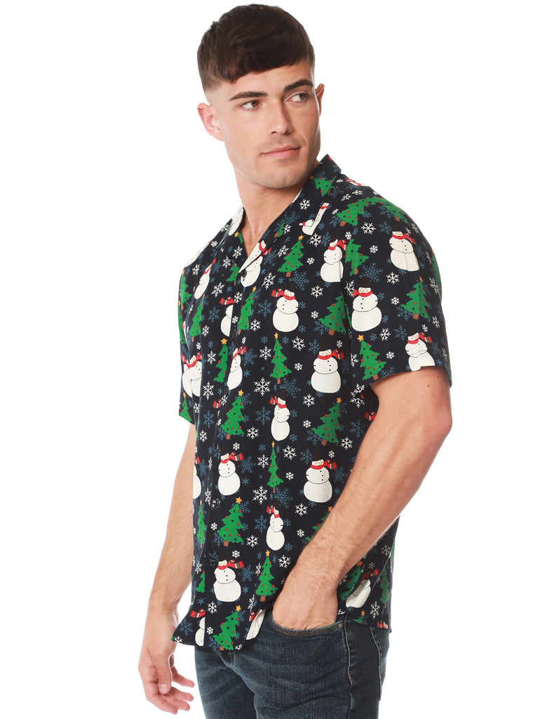 Horten Snowman / Xmas Tree Print Novelty Christmas Shirt in Evening Bl ...