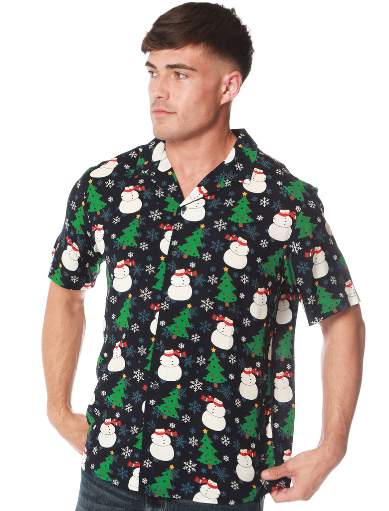 Horten Snowman / Xmas Tree Print Novelty Christmas Shirt in Evening Bl ...