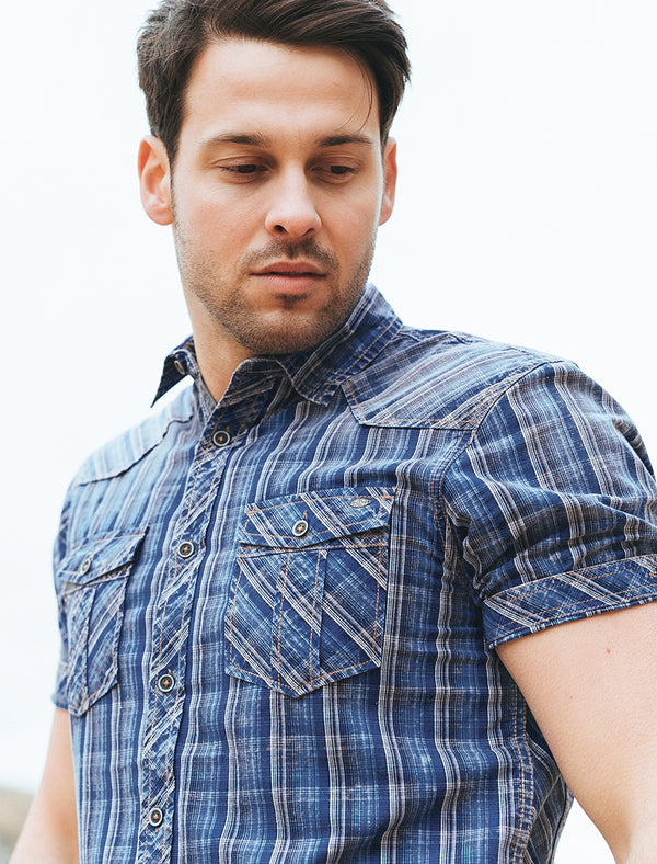 Uxbridge Short Sleeve Checked Shirt in Tokyo Blue - Tokyo Laundry