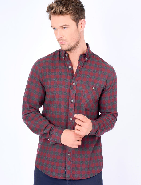 Corrado Checked Cotton Shirt in Burgundy - Tokyo Laundry