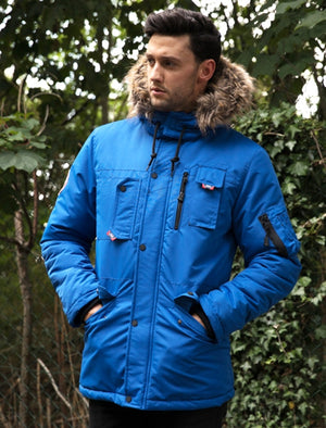 Nicklas Utility Parka Coat with Faux Fur Lined Hood in Olympian Blue - Tokyo Laundry