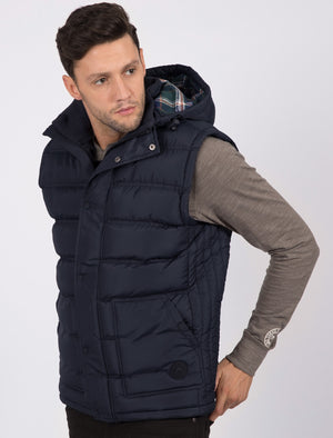 Redshift Quilted Puffer Gilet with Checked Lined Hood in True Navy - Tokyo Laundry