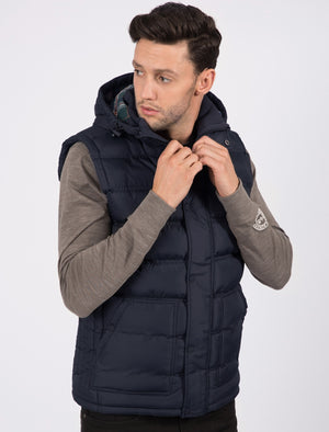 Redshift Quilted Puffer Gilet with Checked Lined Hood in True Navy - Tokyo Laundry