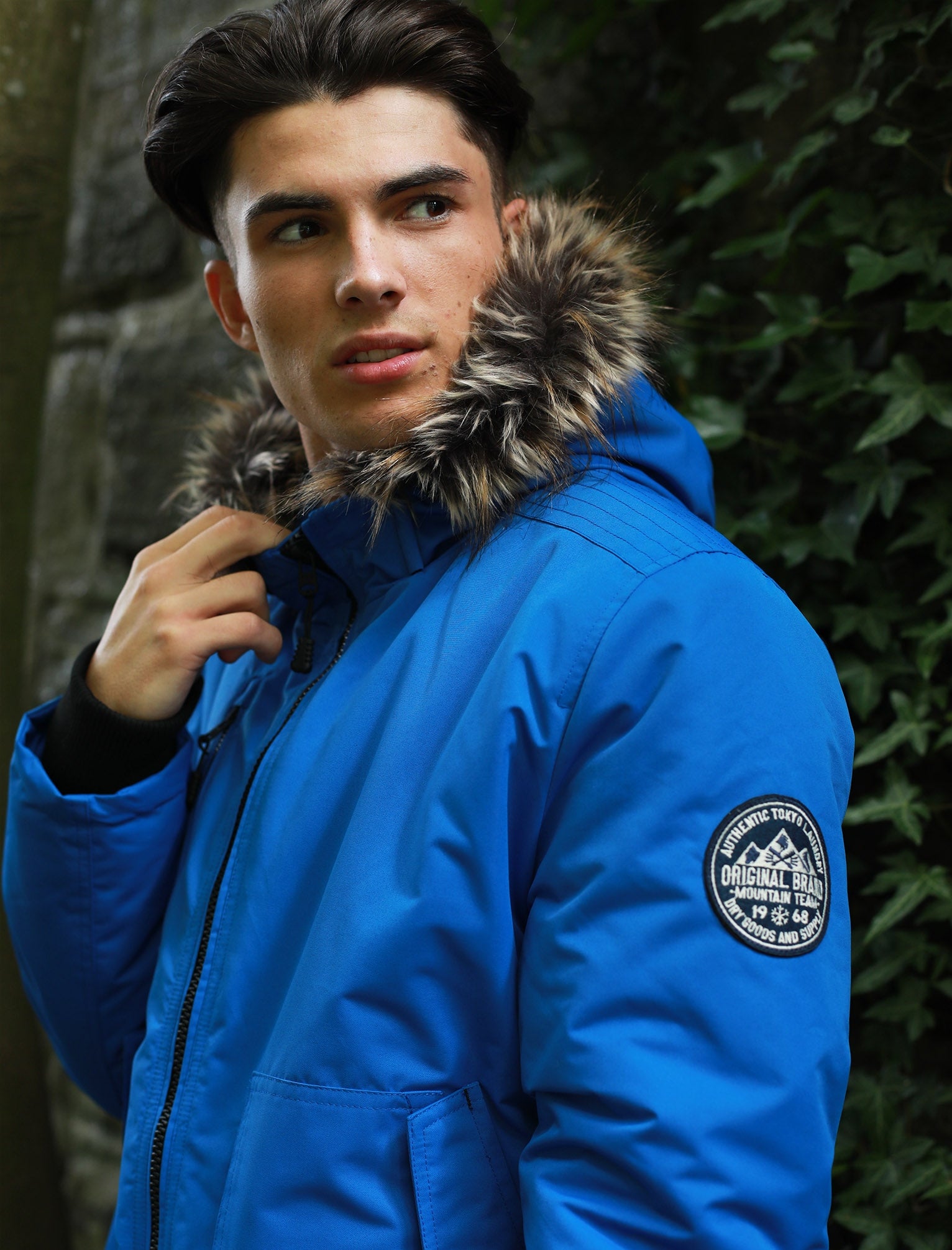 Blue coat with fur hood hot sale