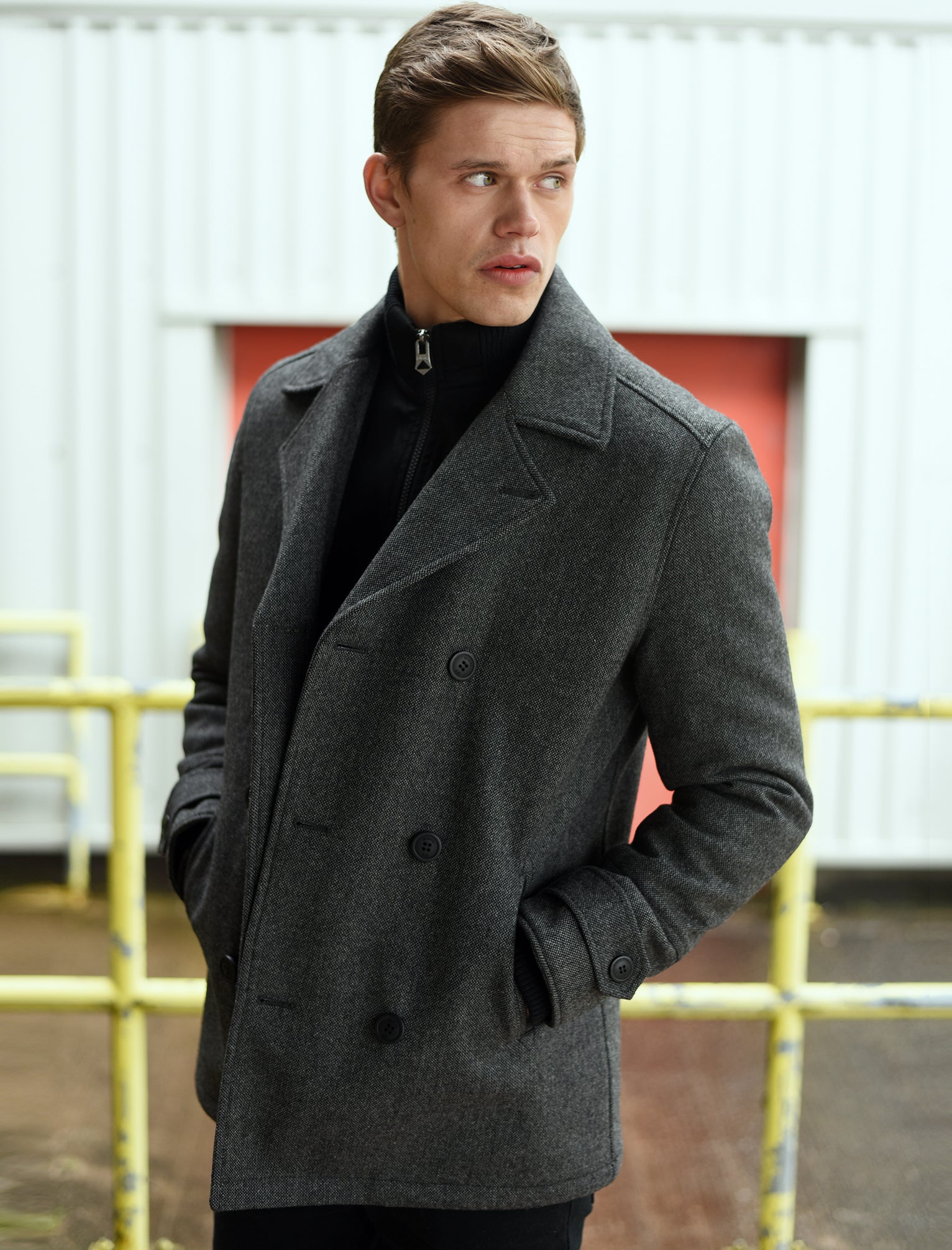 Duval Herringbone Double Breasted Pea Coat In Grey Oxford Toyo
