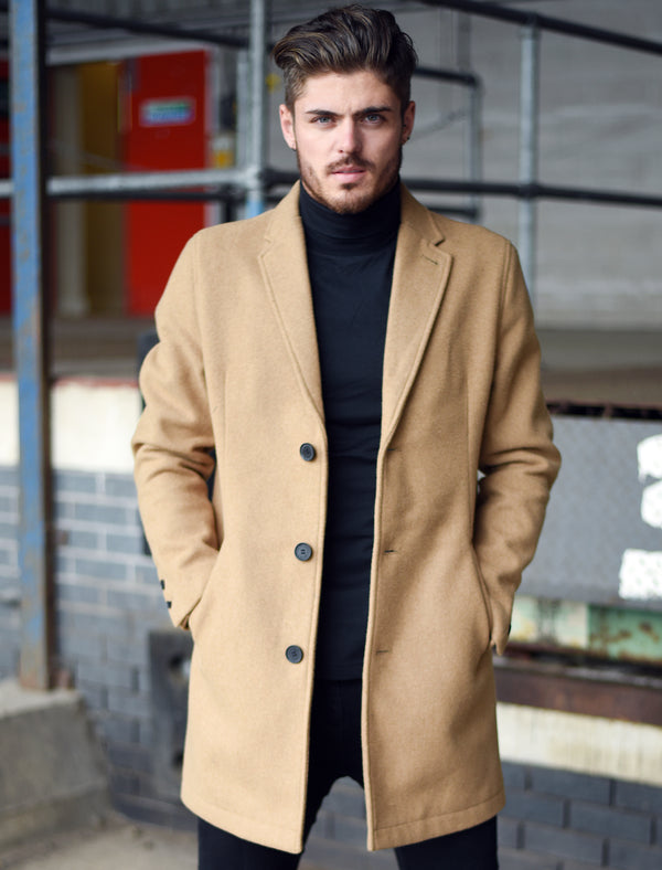 Bezout Button Up Wool Blend Overcoat in Camel - Tokyo Laundry