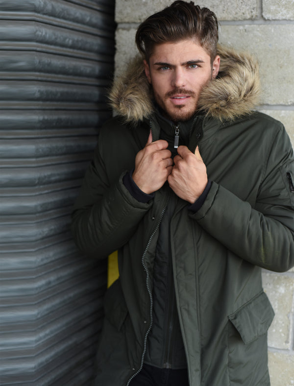 Axton Mock Insert Fur Hooded Parka Jacket in Woodland Khaki  - Le Shark