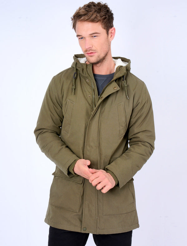 Parton Borg Lined Hooded Parka Jacket in Amazon Khaki - Tokyo Laundry