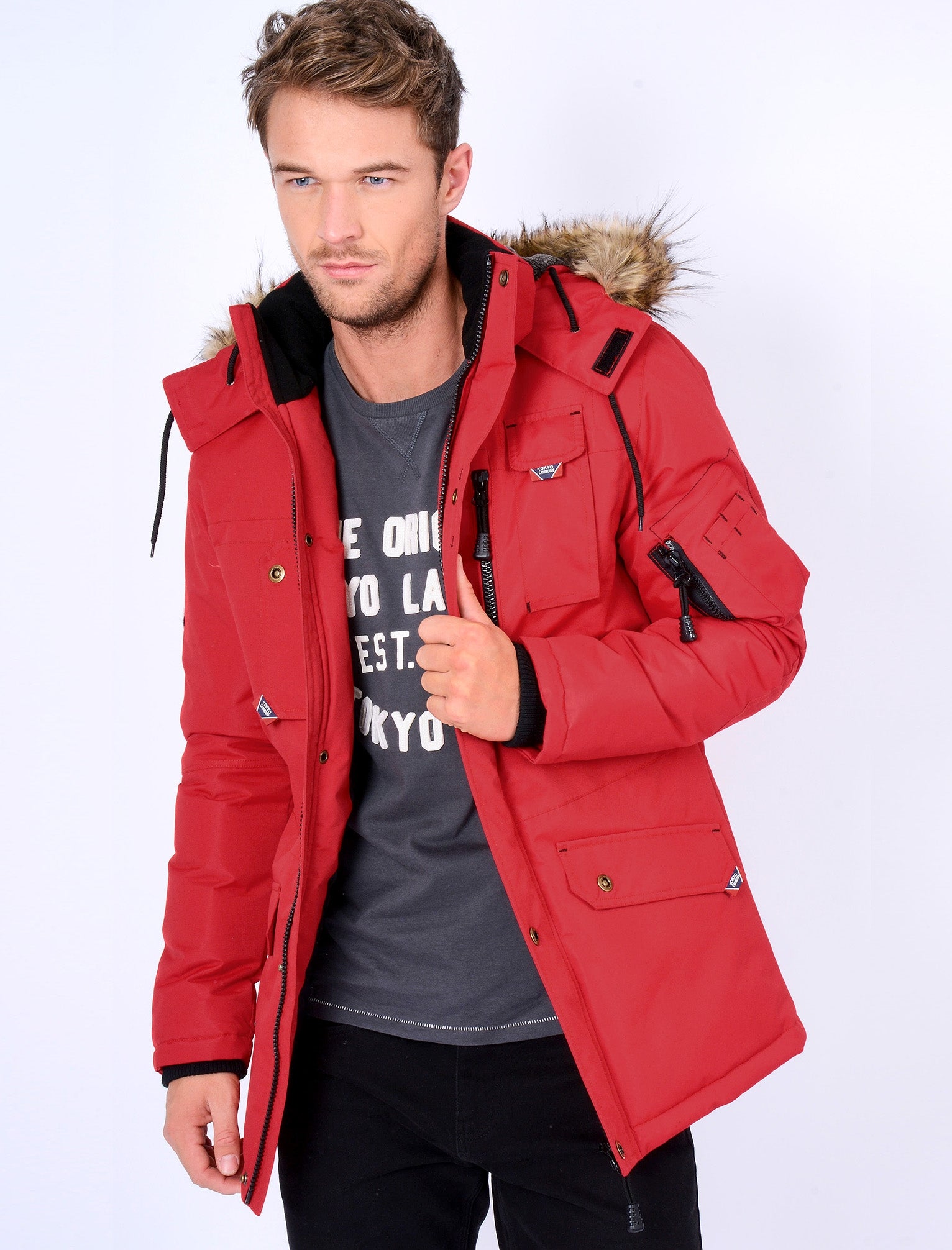 Dawson Utility Parka Coat with Fur Lined Hood in Red - Tokyo