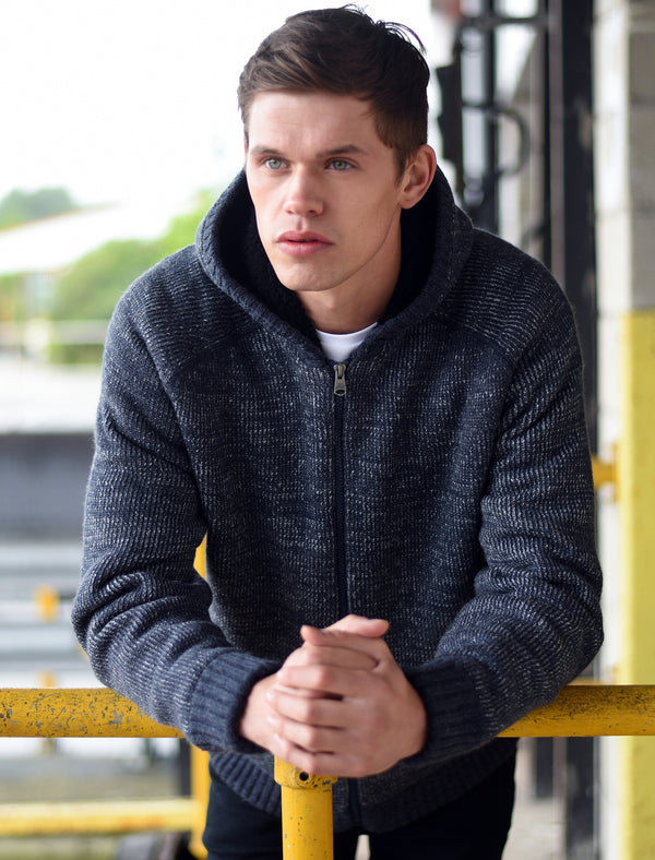 Argyll Sherpa Lined Hooded Cardigan in Dark Denim Marl - Tokyo Laundry