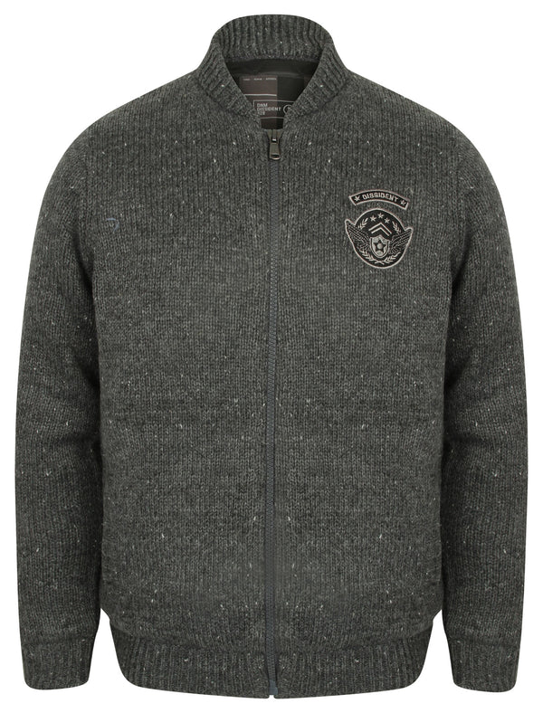 Cromford Knitted Bomber Jacket with Military Badges in Charcoal Nep - Dissident