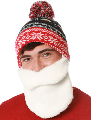 Novelty Fairisle Santa Beard Beanie Hat with Pom Pom in Navy - Merry Christmas