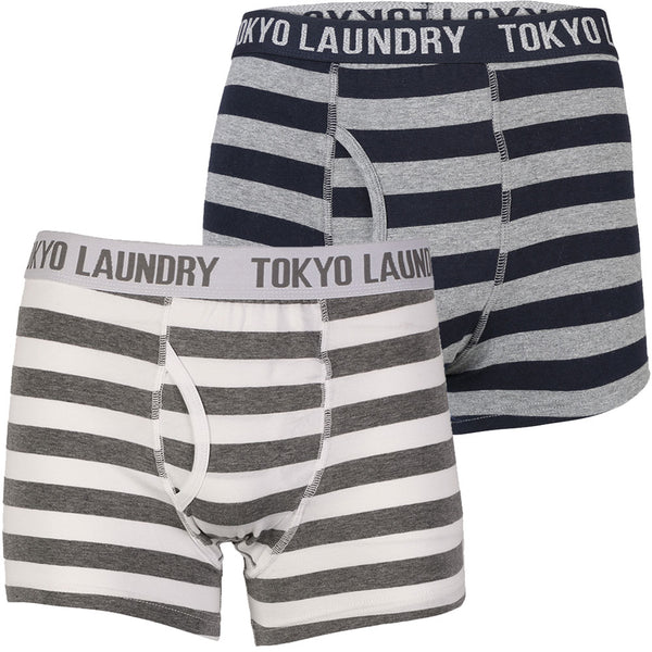 Yass (2 Pack) Striped Boxer Shorts Set in Optic White / Mid Grey Marl - Tokyo Laundry