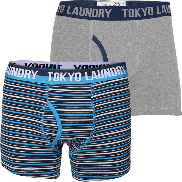 Darwin Boxer Shorts in Light Grey Marl / Midnight Blue Stripes - Tokyo Laundry