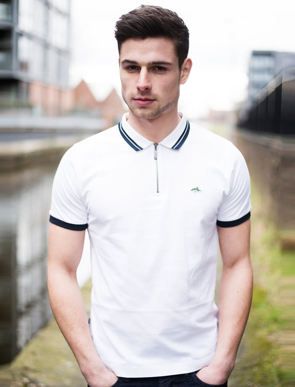 Brodlove Zip Up Polo Shirt in White - Le Shark