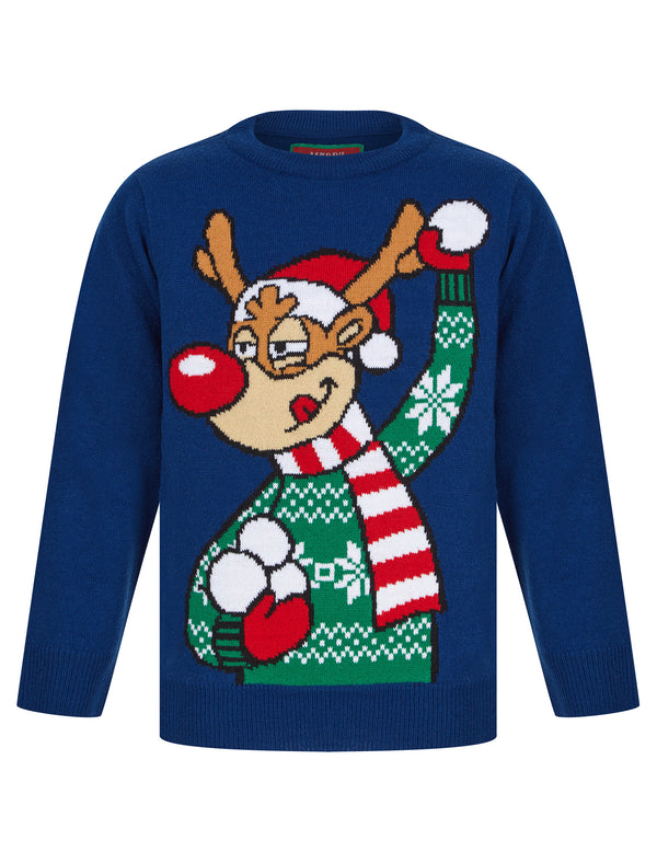 Boy's Reindeer Snow Novelty Christmas Jumper in Sapphire Blue - Merry Christmas Kids (4-12yrs)