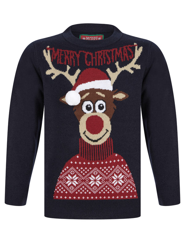 Boy's Christmas Reindeer 3D Pom-Pom Novelty Christmas Jumper in Ink - Merry Christmas Kids (4-12yrs)