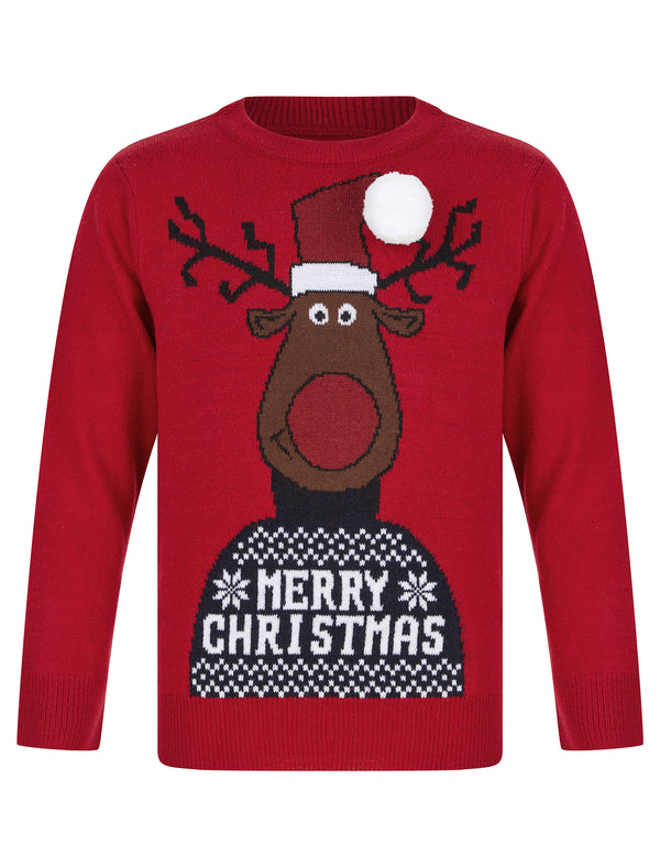 Boy's Reindeer 3D Pom-Pom Novelty Christmas Jumper in George Red - Merry Christmas Kids (4-12yrs)
